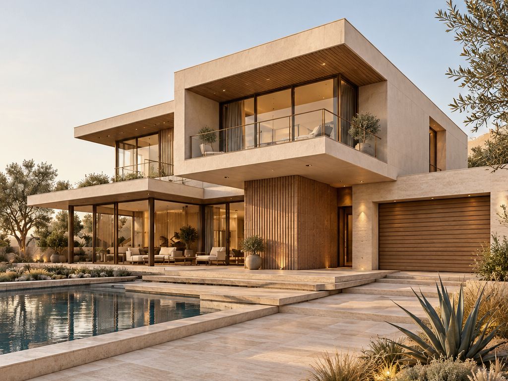 Modern stone villa with a pool terrace and desert planting at golden hour