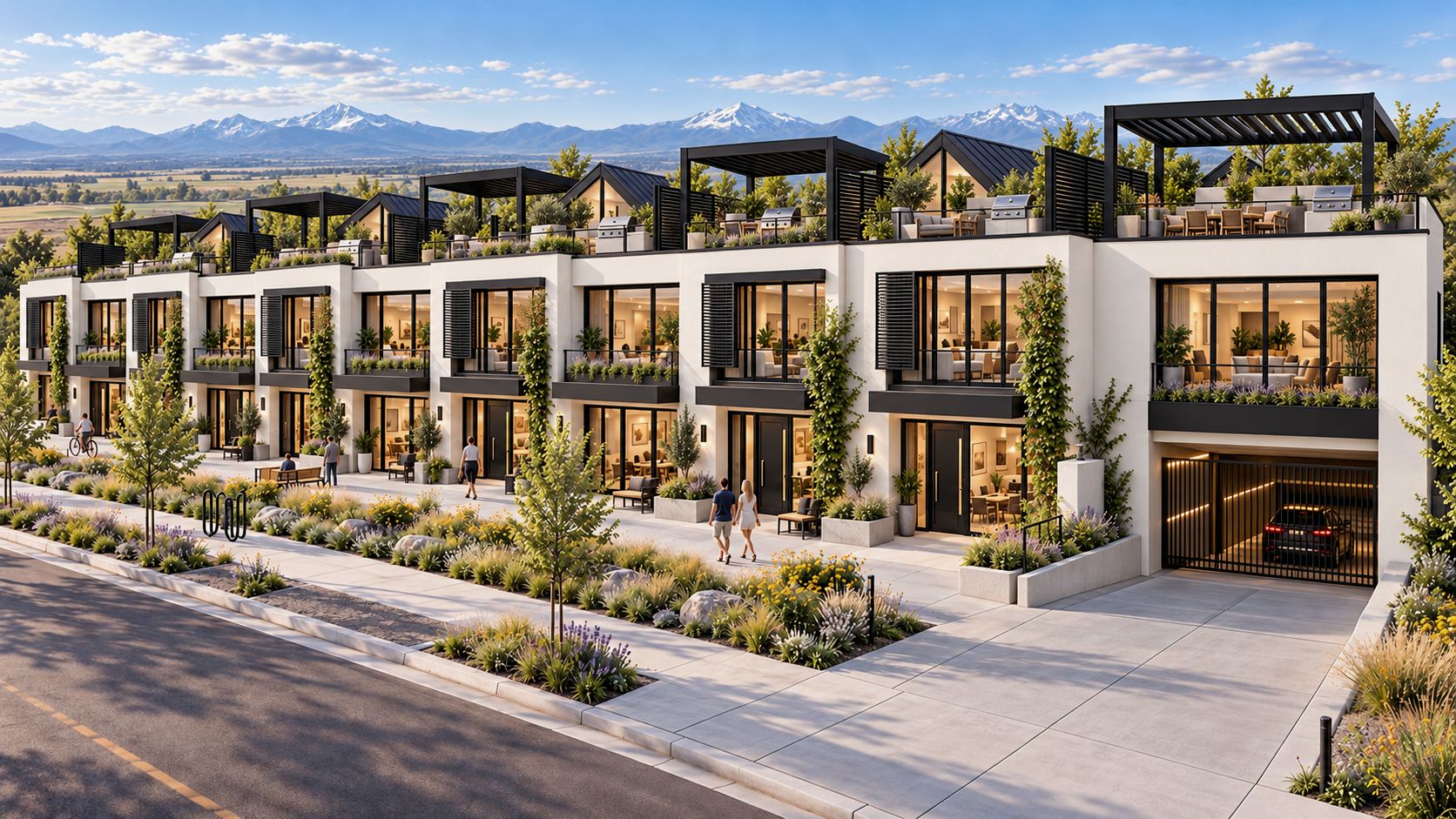 Row of modern townhomes with rooftop pergolas and mountain views