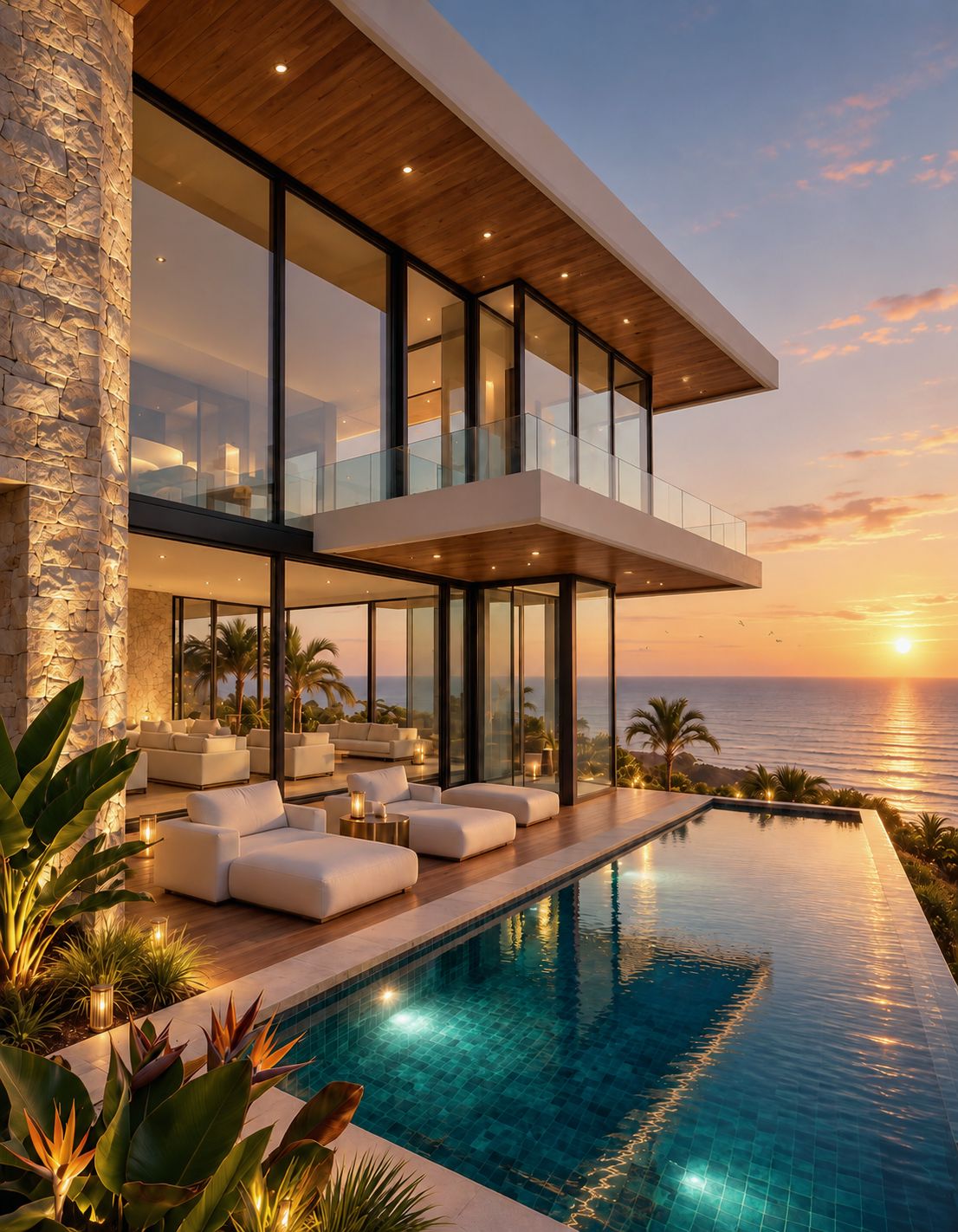 Modern coastal residence with glass walls and an infinity pool at sunset