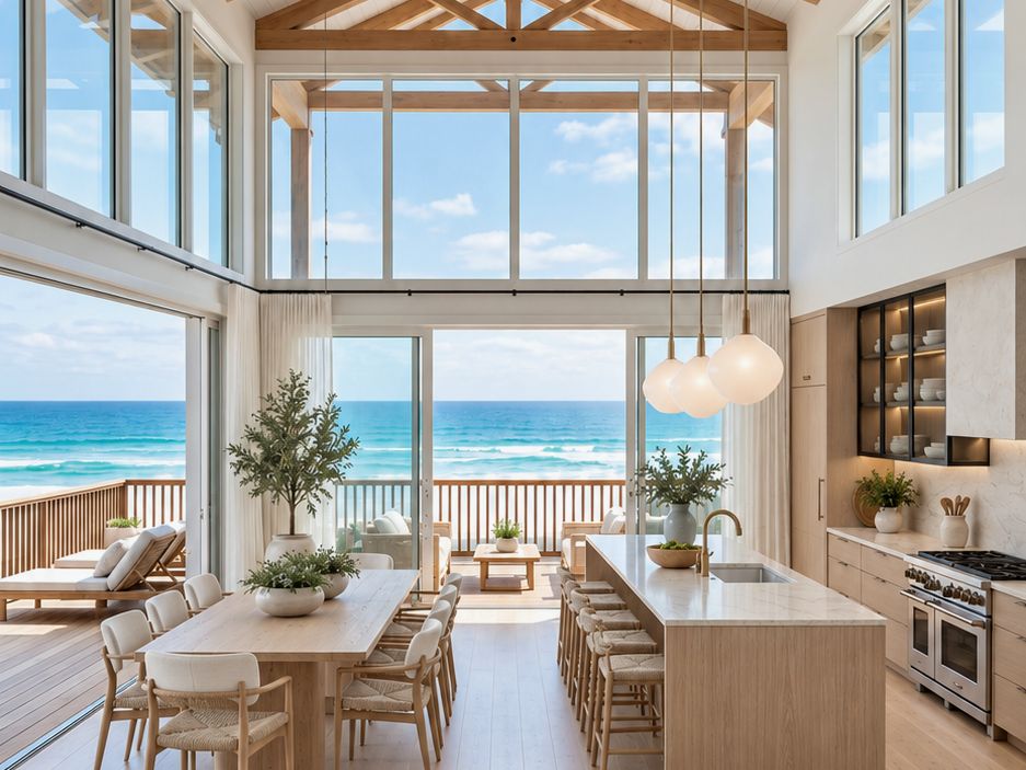Beach house great room with timber trusses, a long dining table and an open kitchen