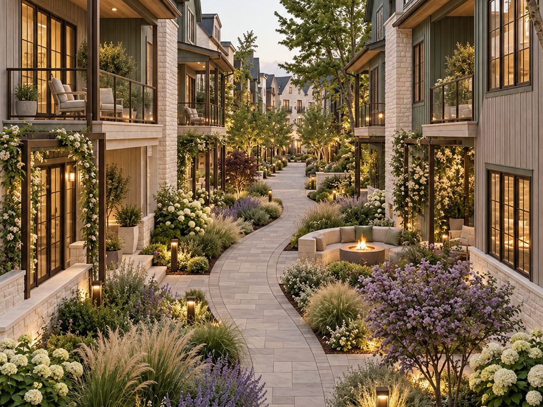 Landscaped courtyard walk with lavender, hydrangeas and a fire pit at dusk
