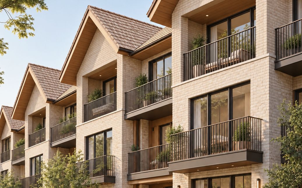 Cream brick townhomes with gabled roofs and planted balconies