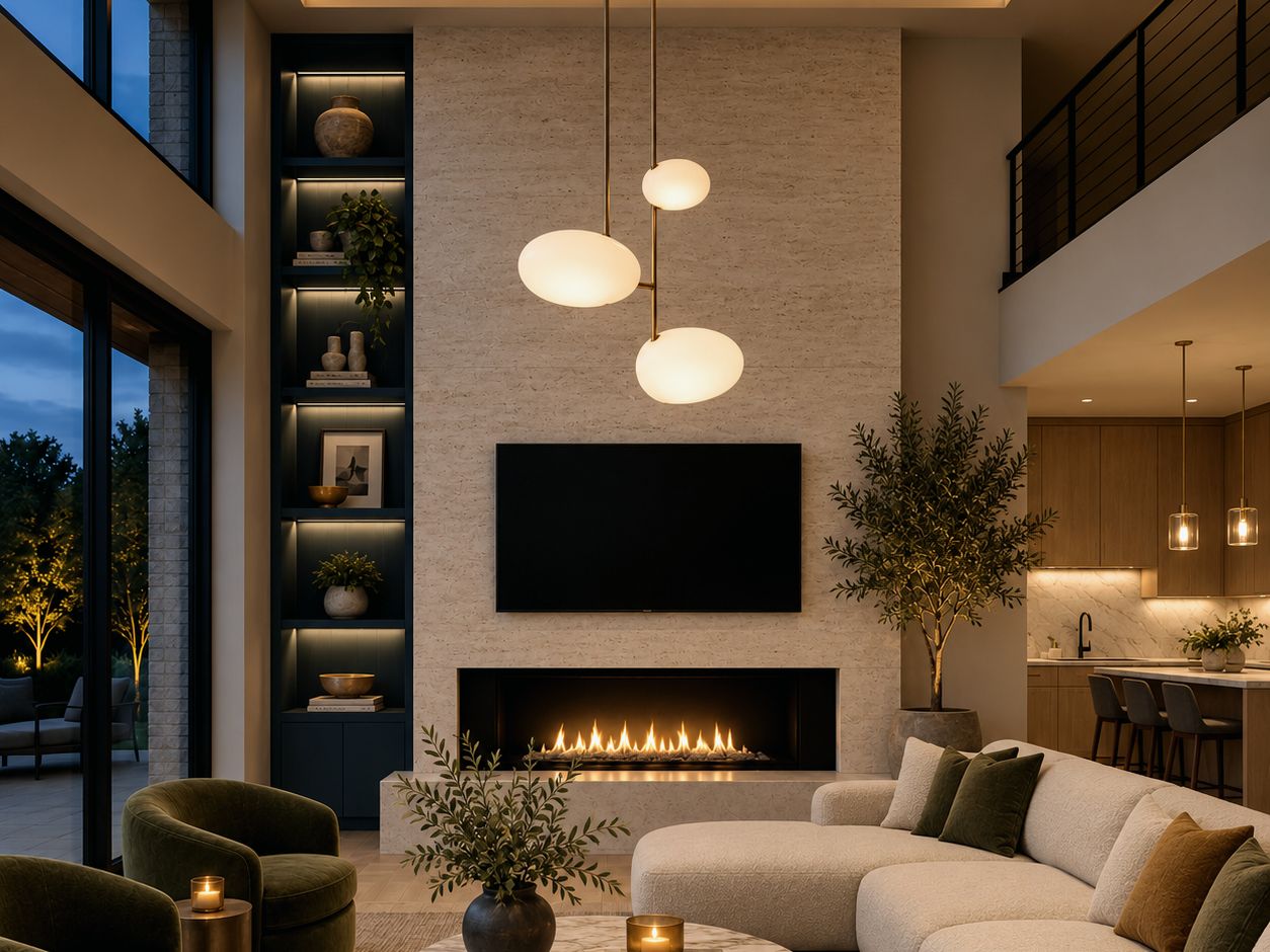 Living room at night with a linear fireplace, lit shelving and globe pendants