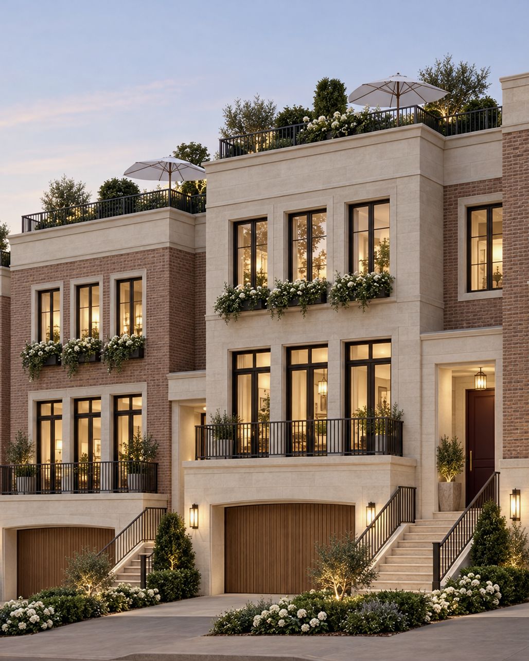 Limestone and brick townhomes with rooftop terraces at dusk