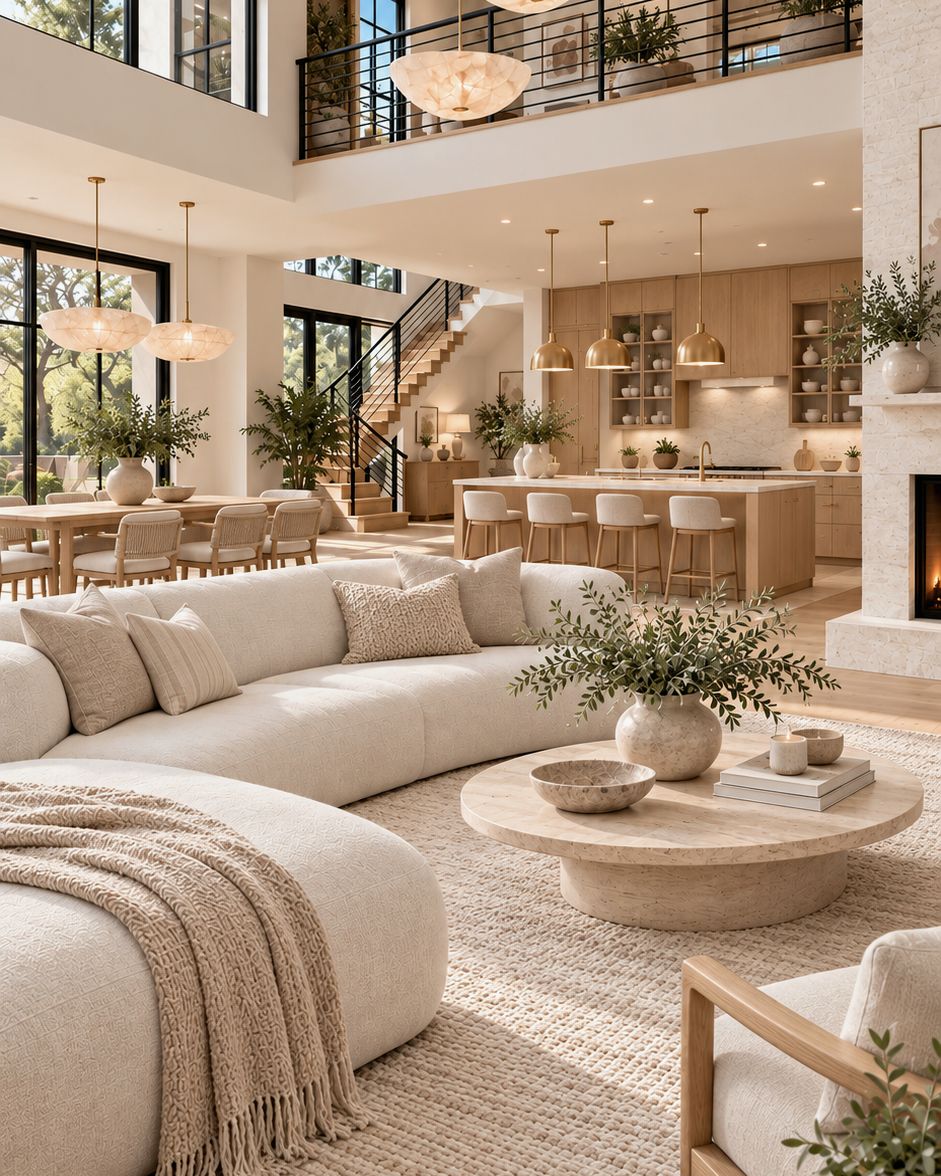 Double-height great room with alabaster pendants, a curved sofa and an open kitchen