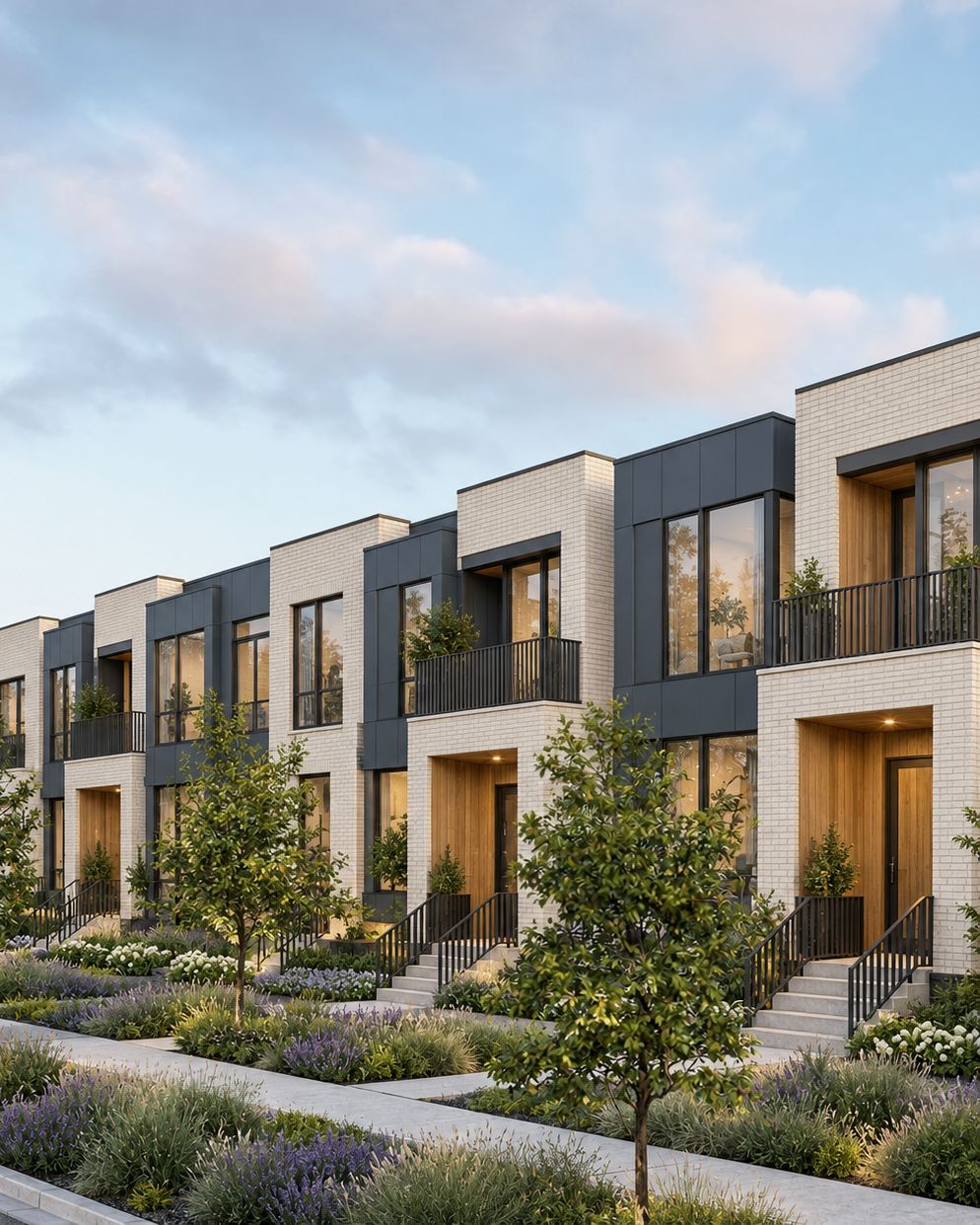 Modern townhomes in pale brick and dark panels with timber-lined entries